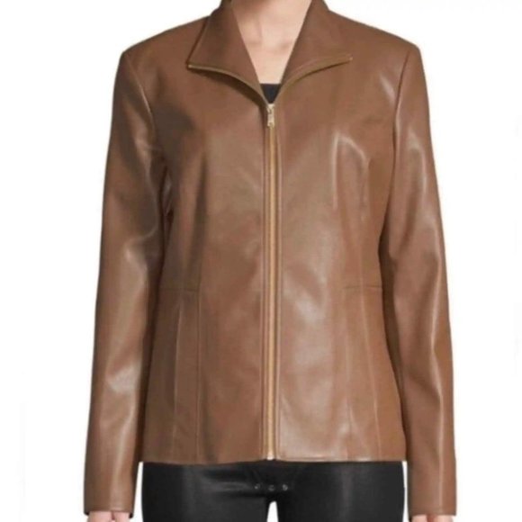 Cole Haan Signature Womens Faux Leather Jacket Zip Hazelnut Brown Vegan size XL - Picture 1 of 16